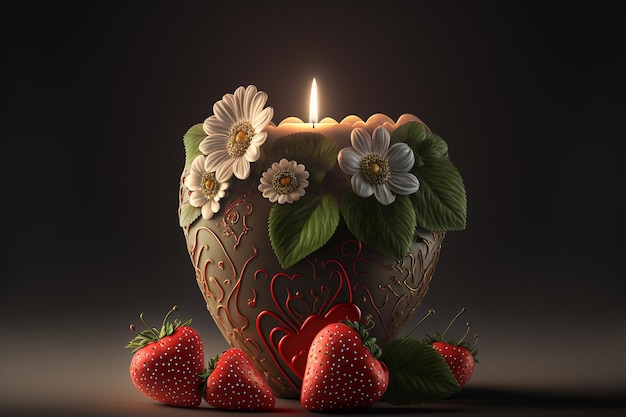 Valentines day background with strawberries flowers and heart shaped candle Generative AI