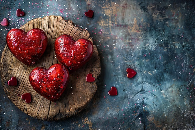 Valentines day background with two red hearts on a wooden board in a flat lay a valentines day co