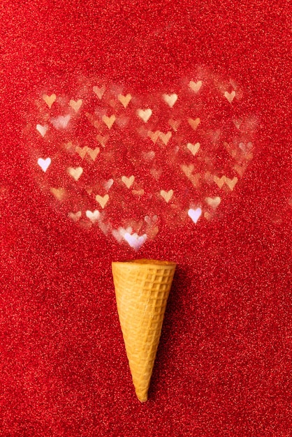 Valentines Day background with white heart and candy cone. Love Red Heart Background