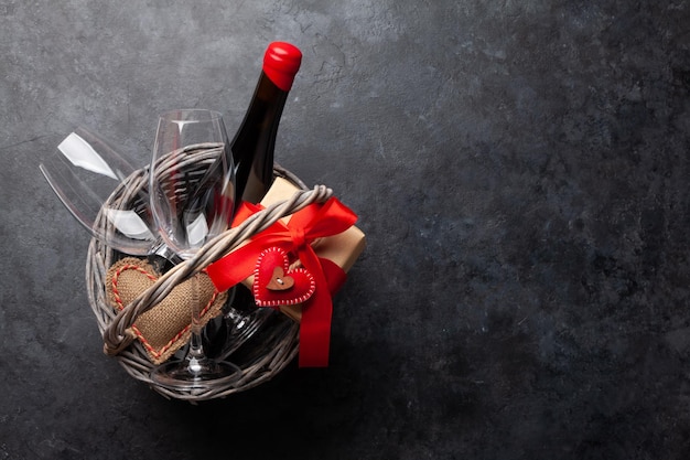 Valentines day basket with wine