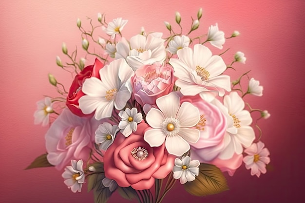 Valentines day bouquet of delicate pink red with white flowers on pastel pink blurred background cre