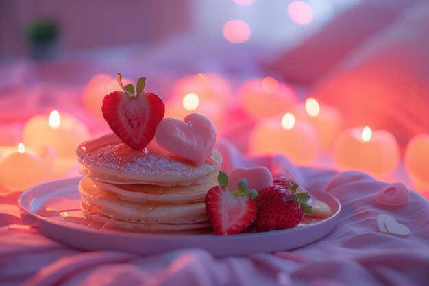 Photo valentines day breakfast in bed with heartshaped pancakes and strawberries