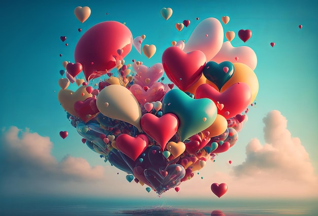 Valentines day bunch of heart shaped balloons floating in the sky Generative ai