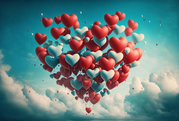 Valentines day bunch of heart shaped balloons floating in the sky Generative ai