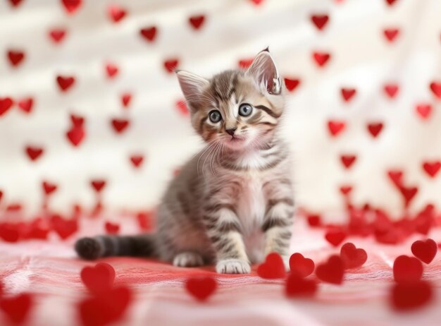 Photo valentines day cat small striped kitten slipping on white blanket with red hearts love to domestic kitty pets concept