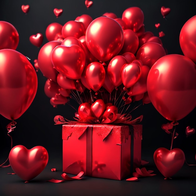 Valentines Day Celebration with Red Love Shape Heart Balloons and Gift Box