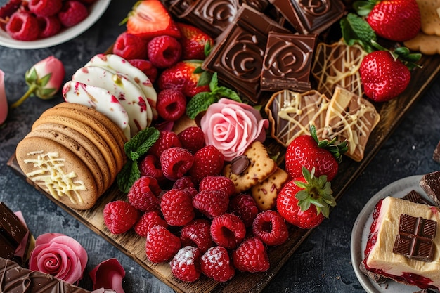 Photo valentines day charcuterie board with sweets raspberries and chocolate