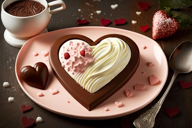 Valentines day chocolate heart with milk cream and pink decorations created with generative ai