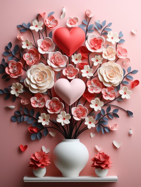 Valentines day concept background 3d red hearts and paper cut flowers Cute love sale banner or greeting