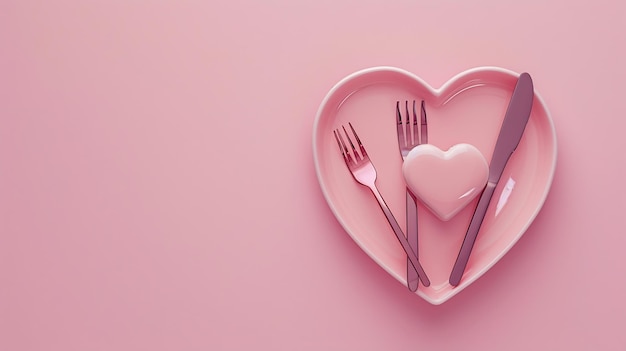 Valentines Day concept Top view photo of heart shaped plates cutlery knife and fork Generative AI