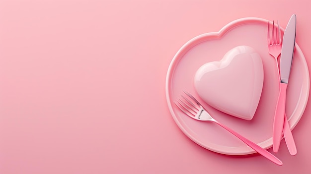 Valentines Day concept Top view photo of heart shaped plates cutlery knife and fork Generative AI