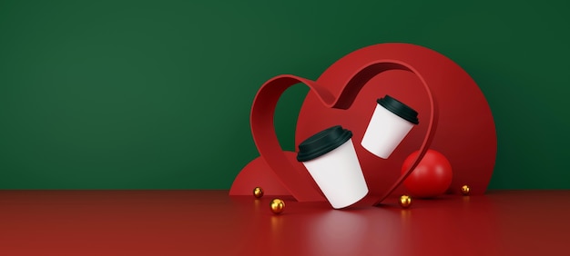 Valentines day concept white cup of coffee on green and red background 3D illustration