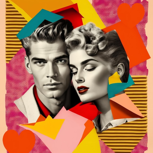 Valentines day couple and hearts Love concept Retro style fashion collage