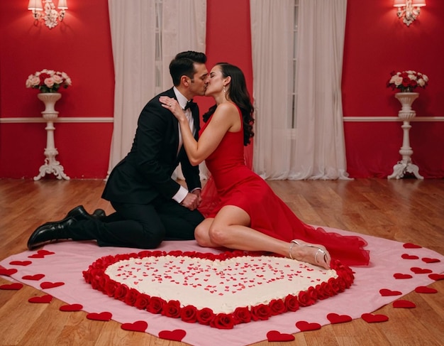 Valentines day A couple sits on the floor surrounded by red hearts