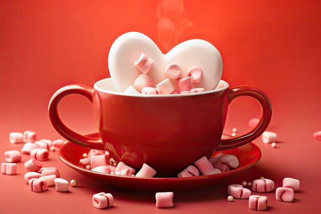 Valentines day delicious hot chocolate with marshmallows in red cups for lovers on a red background