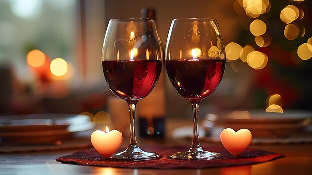 Valentines Day dinner for two with heartshaped candles and red wine