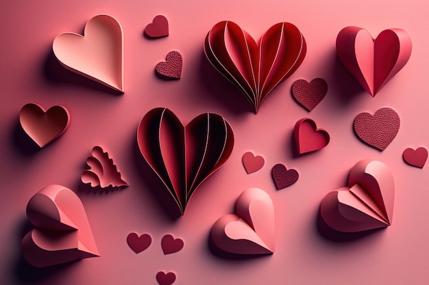 Valentines day flat lay Stylish pink and red hearts Illustrator AI Generative