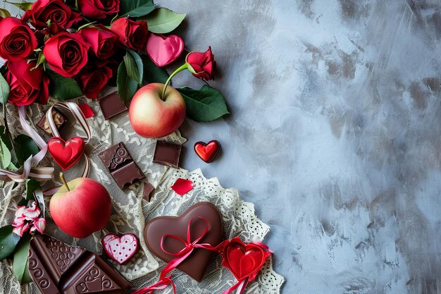 valentines day flowers hearts chocolate on blue background top view mockup