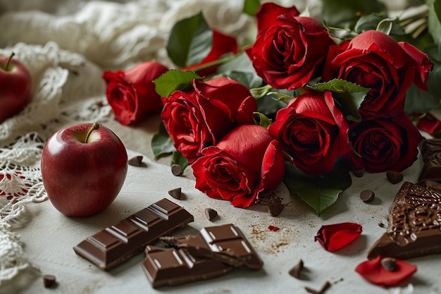 valentines day flowers hearts chocolate on brown background side view mockup