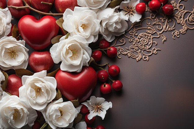 valentines day flowers hearts chocolate on brown background top view mockup