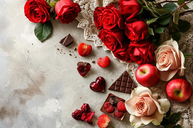 valentines day flowers hearts chocolate on marble white background top view mockup