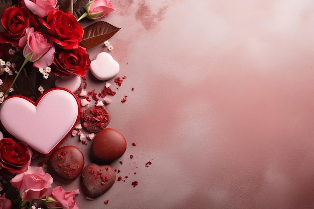 valentines day flowers hearts chocolate on marble white background top view mockup