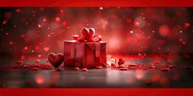 Photo valentines day gift banner design with present box and hearts on red background