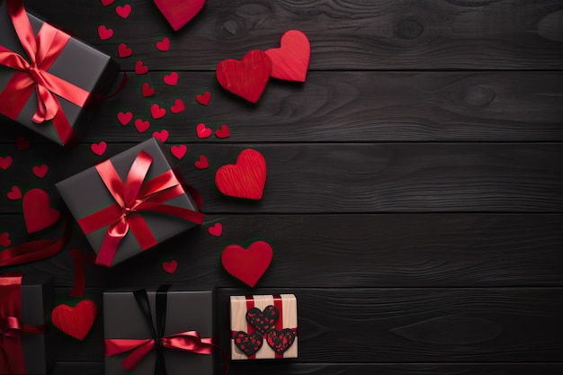 valentines day gift and gifts on wooden background in the style of dark black and crimson