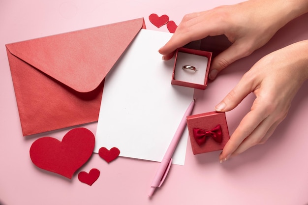 Valentines Day gift Ring proposal of marriage flat lay