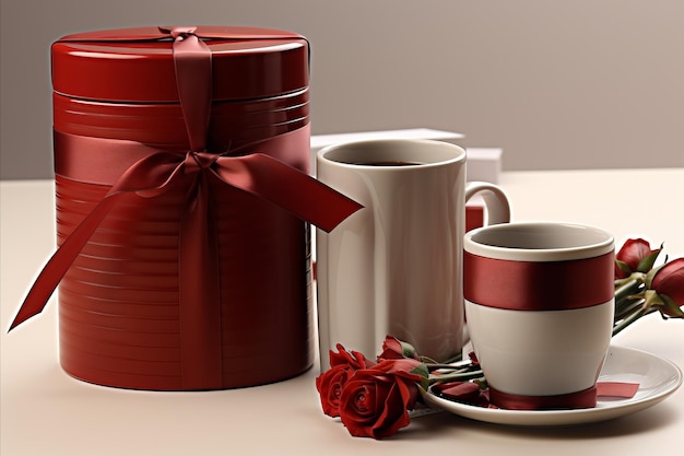 Valentines Day Gift with Red Ribbon Mug Coffee and Red Rose for Romantic Celebration