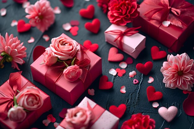 Valentines Day Gifts and Flowers on Dark Background