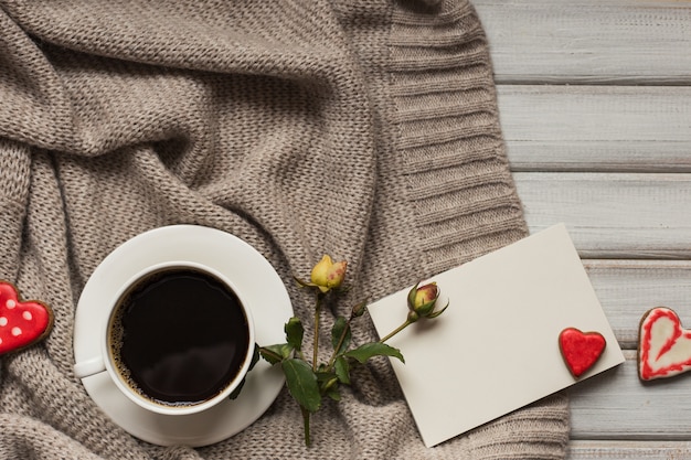 Valentines day heart shaped cookies, coffee