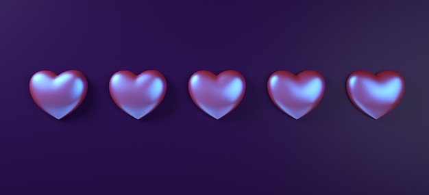 Valentines day hearts background pattern 3d rendering illustration. Purple neon holographic flat lay.