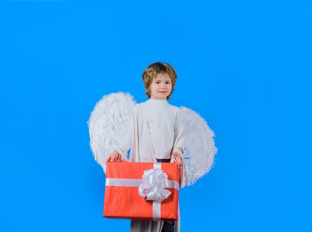 Valentines day little angel with present box boy angel with box cupid angel with white wings cupid