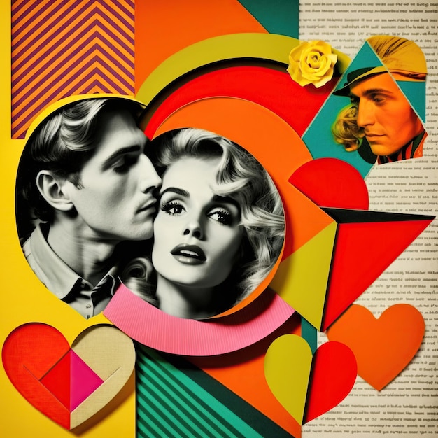 Valentines day love collage 80s retro colorful paper art background