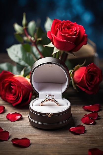 valentines day marry me wedding engagement ring in box with red roses