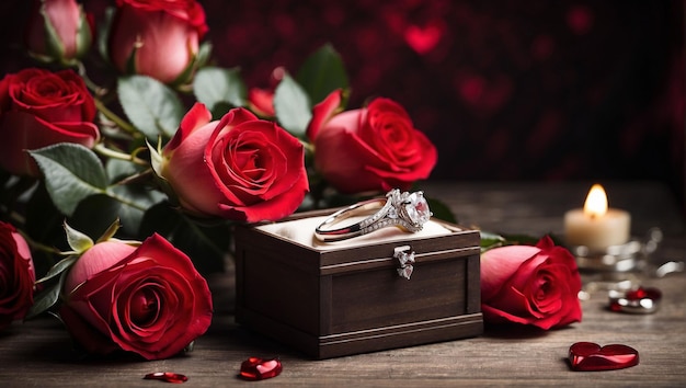 valentines day marry me wedding engagement ring in box with red roses