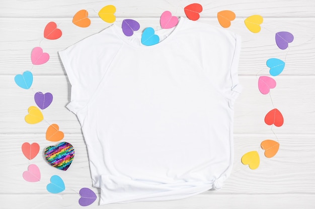 Valentines day mockup apparel with paper colorful hearts