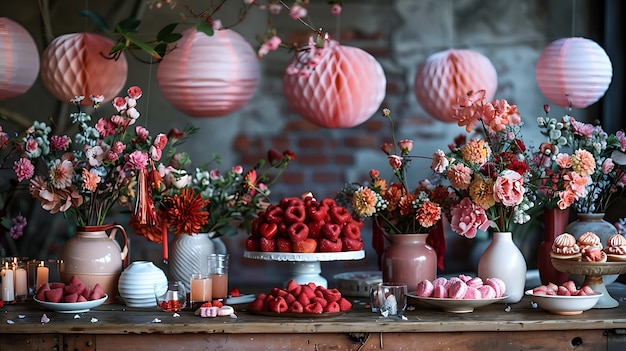 Valentines Day party with a pink and red theme and lots of decorations