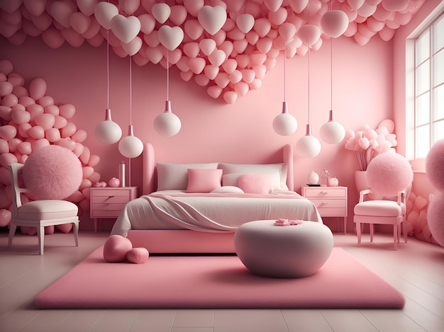 Photo valentines day on pink pastel clean style bedroom images with ai generated