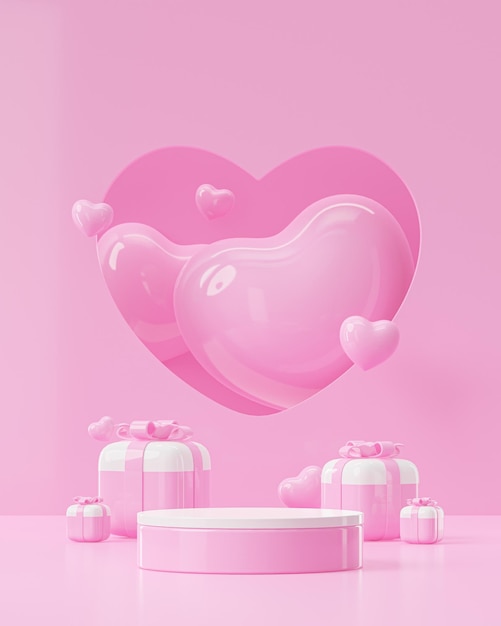 Valentines day podium for product presentation in pink white romantic background for social post 3d