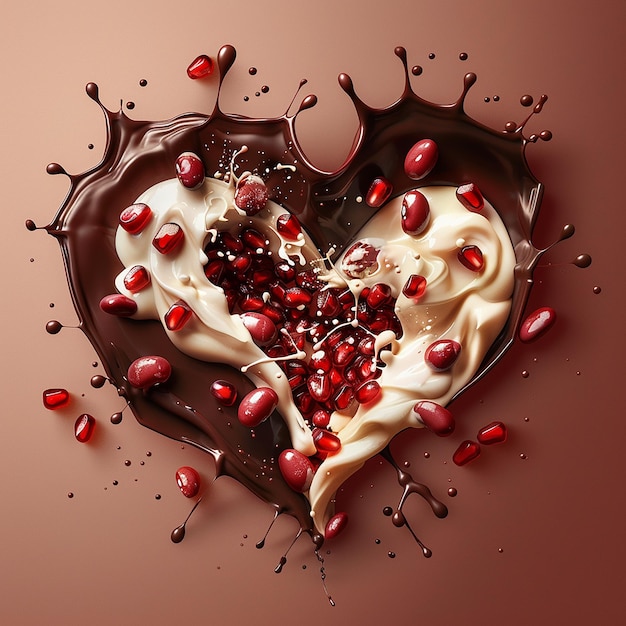 Valentines Day poster heartshaped chocolate covered red beans with splashes of cream and scattere