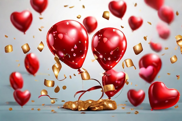 Valentines Day Red balloons fly helium round and hearts shape Background with festive realistic