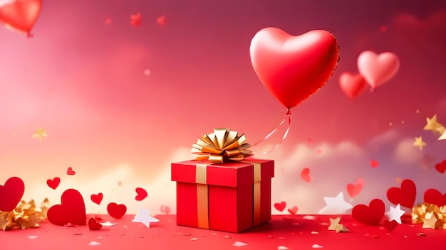 Valentines day red heart with gift box Illustration background