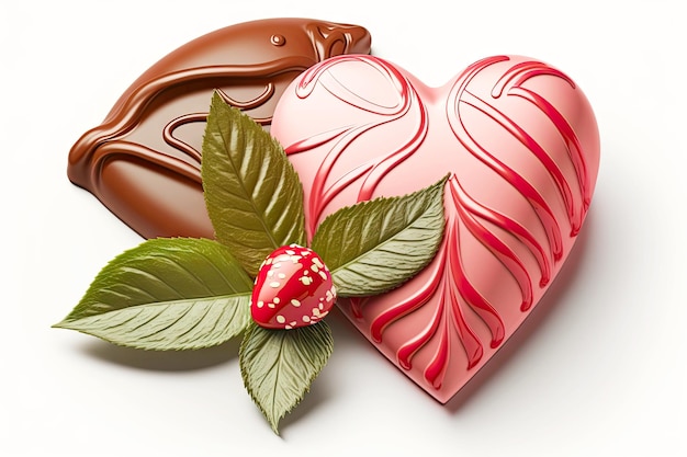 Valentines day red and pink chocolate heart with peppermint leaves created with generative ai