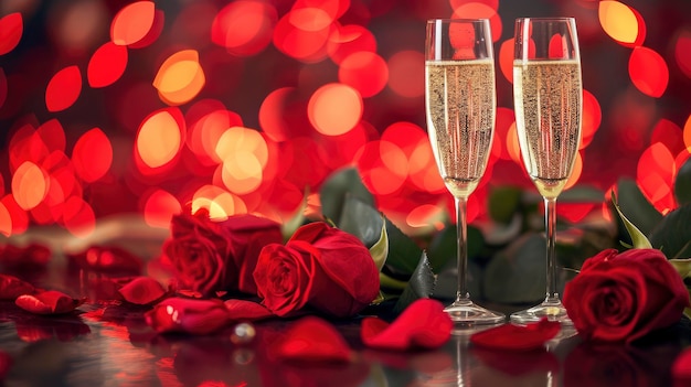 Valentines day red roses on table with champagne in the style of bokeh