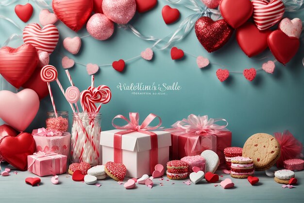 Valentines day sale background with heart lollipopcookies streamersgift boxmarshmallow and garland Modern designUniversal vector background for poster banners flyers cardadvertising brochur