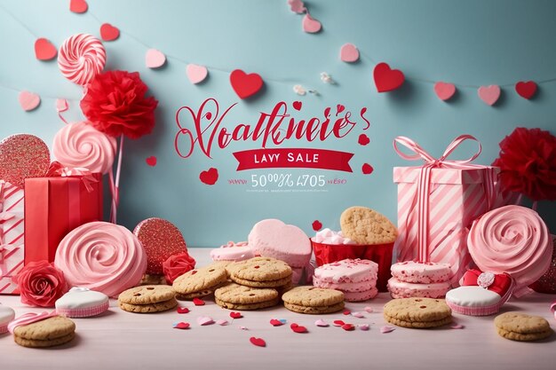 Valentines day sale background with heart lollipopcookies streamersgift boxmarshmallow and garland Modern designUniversal vector background for poster banners flyers cardadvertising brochur