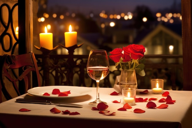 Valentines day table place setting with roses candlelight Romantic dinner at cafe Generated AI