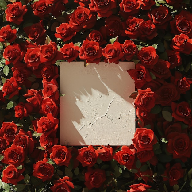 Valentines Day Themed Frame with Red Roses on Textured White Background